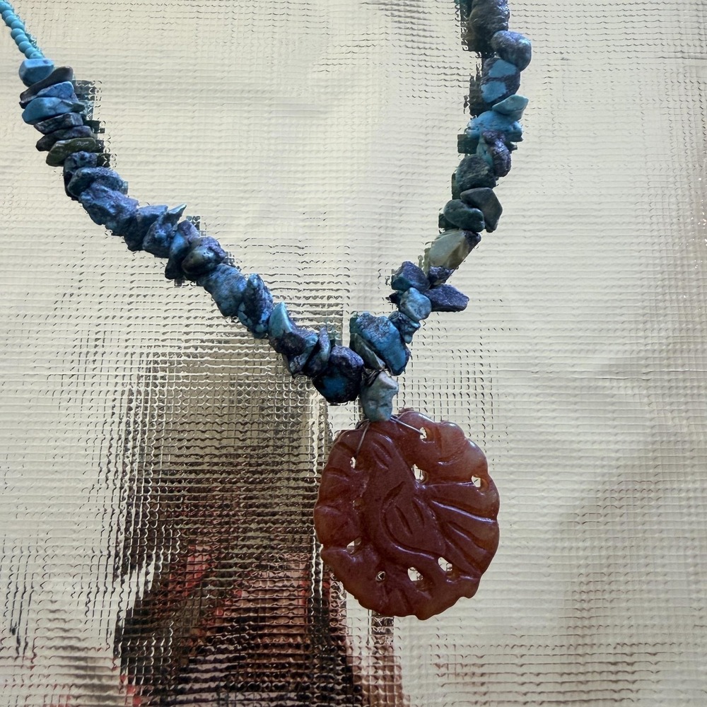 Vicky Jousan Turquoise Beaded Necklace Carved Round Nature Pendant Stmt Boho 20"